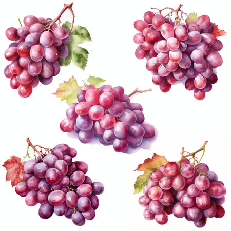 Watercolour red grapes on white background, AI generated art.の素材