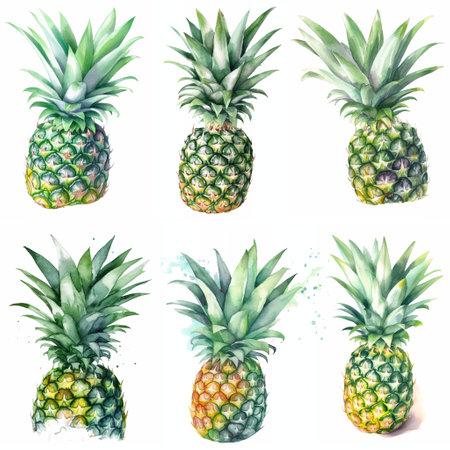 Watercolour pineapples on white background, AI generated art.の素材
