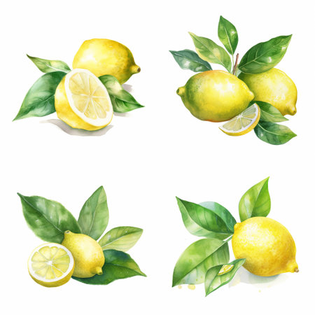 Watercolour lemons on white background, AI generated art.の素材