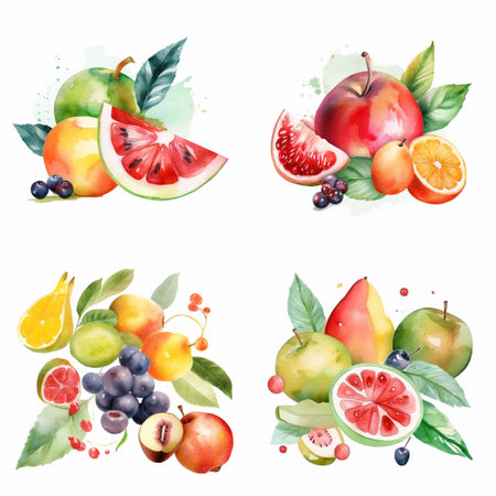 Watercolor fruits set. Hand drawn illustration isolated on white background. AI generated art.の素材