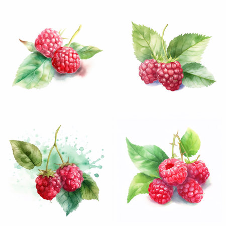 Watercolour raspberries on white background, AI generated art.の素材