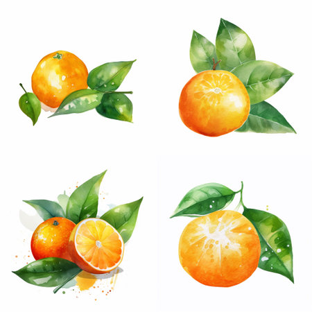 Watercolour oranges on white background, AI generated art.の素材