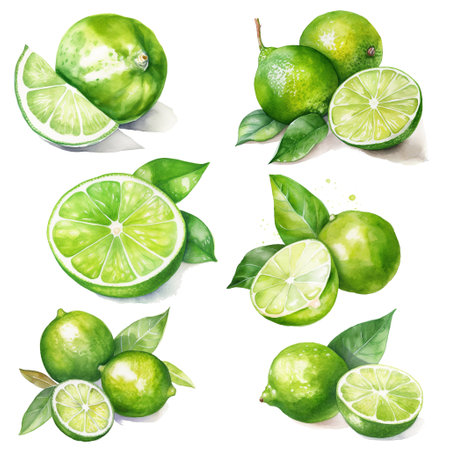 Watercolour limes on white background, AI generated art.の素材
