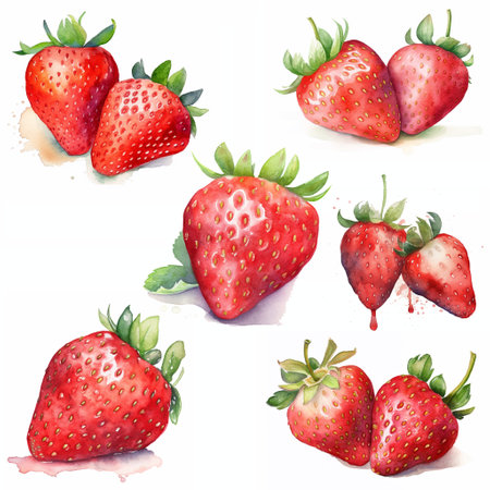 Watercolour strawberries on white background, AI generated art.の素材