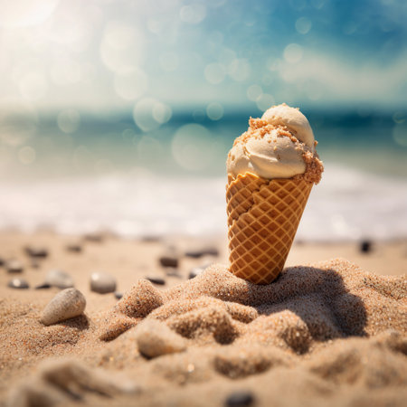 A perfect ice cream cone, summer seaside background, commercial food. A.I. Generated.の素材