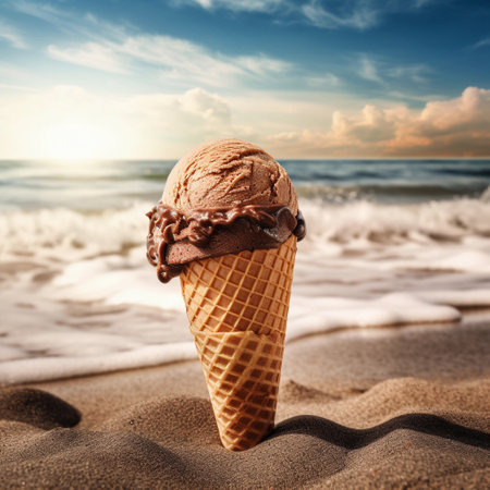 A perfect chocolate ice cream cone, summer seaside background, commercial food. A.I. Generated.の素材