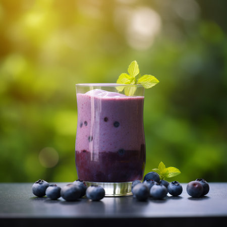 Blueberry smoothie in a glass with berries.の素材