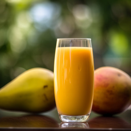 Mango and mango juice in glass on wooden table with blur backgroundの素材