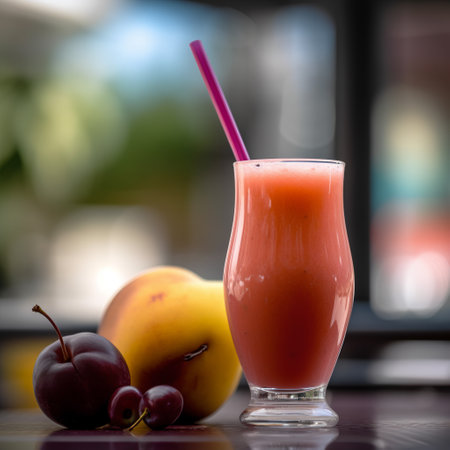 A glass of fresh fruit smoothie with a straw on the tableの素材