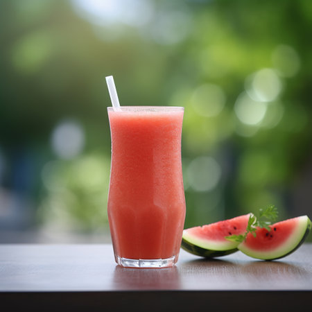 Fresh watermelon smoothie in glass on wooden table with green bokeh backgroundの素材