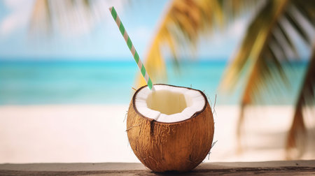Coconut cocktail with straw on tropical beach backgroundの素材