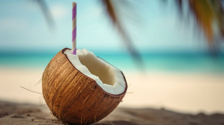 Coconut cocktail with straw on the sandy beach against the seaの素材