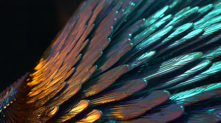 Abstract metallic angel feathered wings holographic rainbow colours backgroundの素材