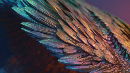 close up of a angel wing in blue and purple with some reflectionsの素材