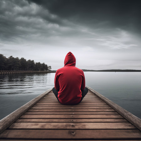 Man sitting on a wooden pier and looking at the lake in cloudy weatherの素材