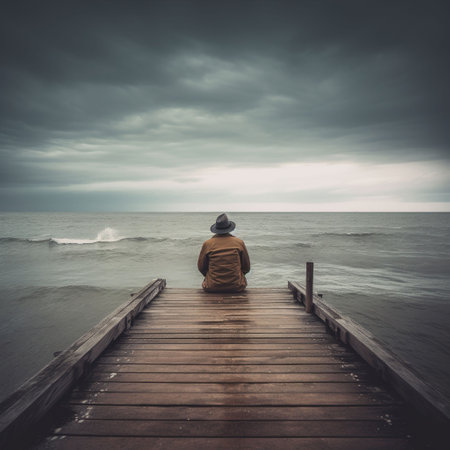 Man sitting on a wooden jetty and looking at the sea.の素材