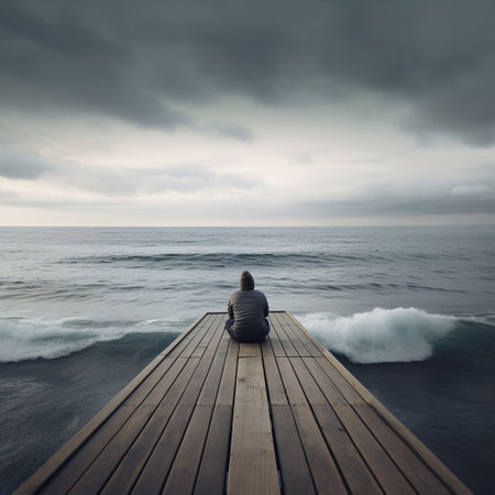 Man sitting on a wooden pier in the sea with stormy skyの素材