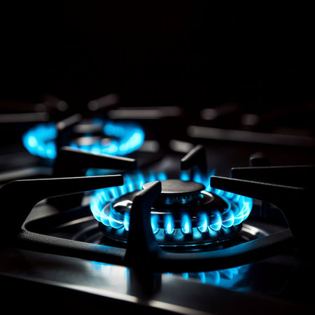 Blue flames of a gas stove on a dark background close-upの素材