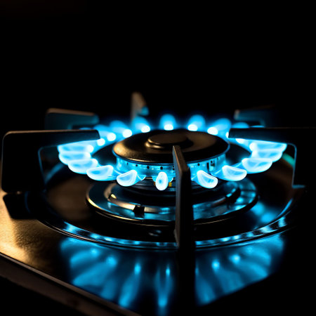 Gas burner with blue flames on a black background. Close-up.の素材