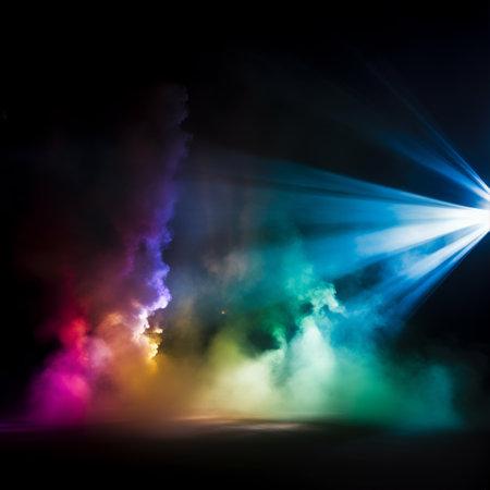 abstract scene with colorful smoke and spotlights on black background.の素材