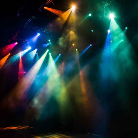 Stage lights with smoke and beams, close-up, tonedの素材