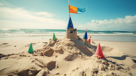 Sand castle on the beach with blue sky and white clouds background.の素材
