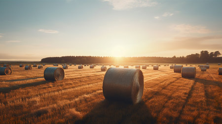 Hay bales on the field at sunsetの素材