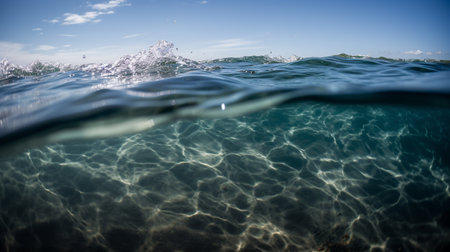 Split level underwater view of the surface of the sea with splashes of waterの素材