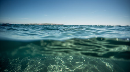 Split level underwater view of the sea surface with waves and blue sky.の素材