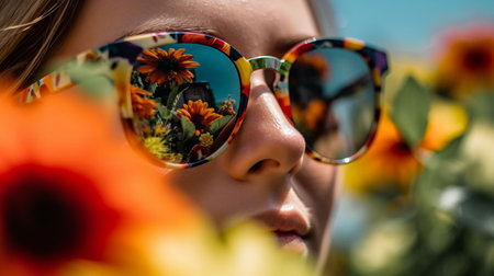 Close-up of a girl's face in sunglasses among flowers.の素材