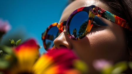 Close-up portrait of a beautiful young woman wearing sunglasses with flowersの素材