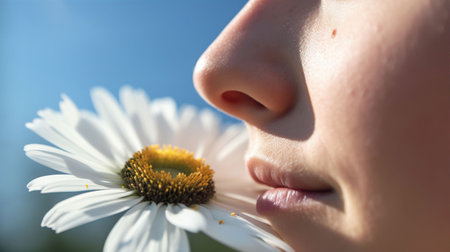 Close-up portrait of a young girl with a camomileの素材