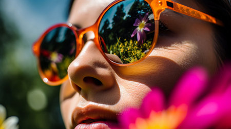 Close-up of a girl's lips in orange sunglasses and pink flowersの素材