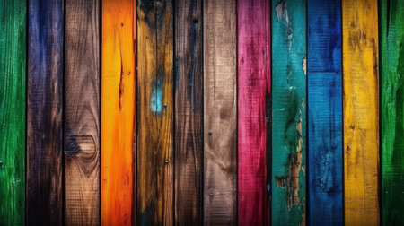 Colorful wooden background or texture. Old wooden planks painted in rainbow colorsの素材