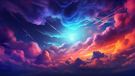 Fantasy cloudscape with stars and sun.の素材