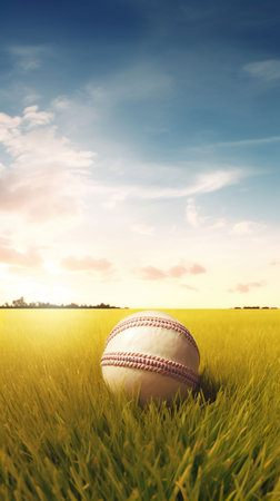 Cricket ball on the field with blue sky and cloud backgroundの素材