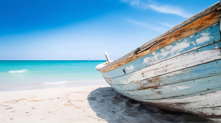 Wooden boat on the beach, blue sky and white sand.の素材