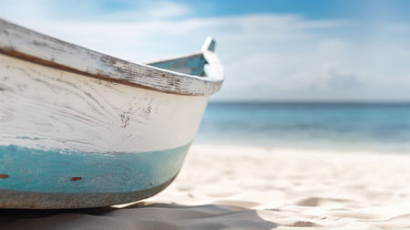 Wooden boat on the beach with blue sky and white sand.の素材