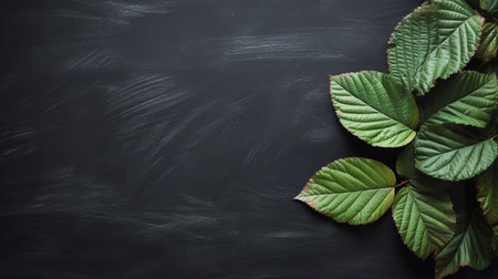Green elm leaves against a black charcoal chalkboard slate style background. A.I. generated.の素材