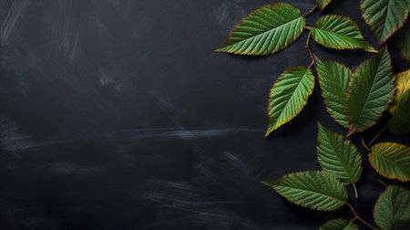 Green elm leaves against a black charcoal chalkboard slate style background. A.I. generated.の素材