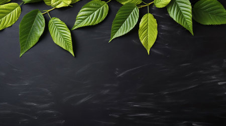 Green leaves on blackboard background. Top view with copy space.の素材