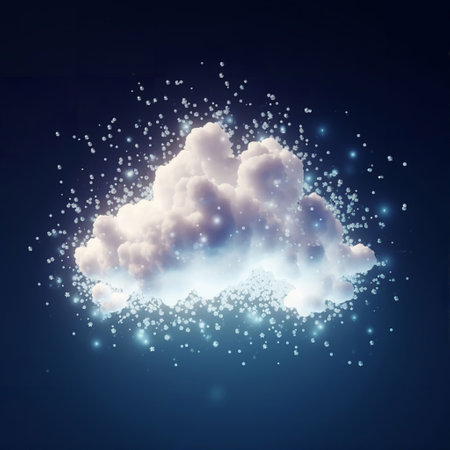 Clouds illustration with sparkles and bokeh effect on blue backgroundの素材