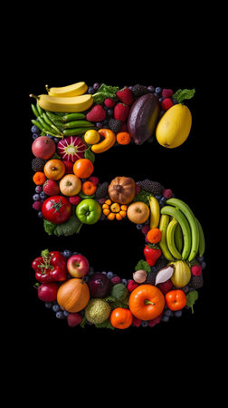 Number 5 symbol made of fresh fruits and vegetables isolated on black background.の素材