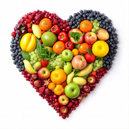 Heart shape made of fresh fruits and vegetables on a white background. Healthy food concept.の素材