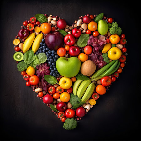 Healthy heart made of fruits and vegetables on a black background.の素材