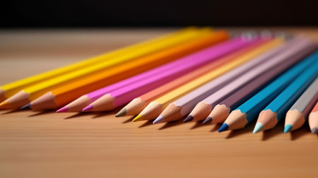 colored pencils on a wooden table, close-up, macroの素材