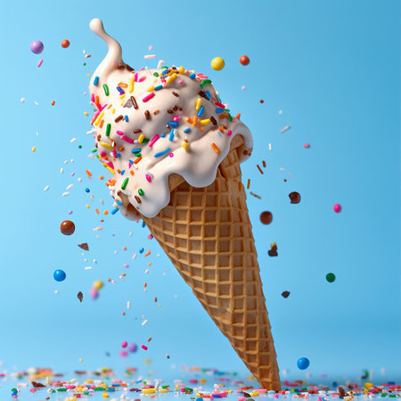 Ice cream in waffle cone with colorful sprinkles on blue backgroundの素材