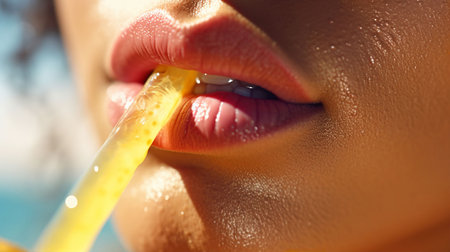 Closeup of a beautiful young woman drinking yellow juice from a strawの素材