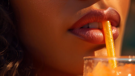 Close up of beautiful woman's lips with orange juice and straw.の素材