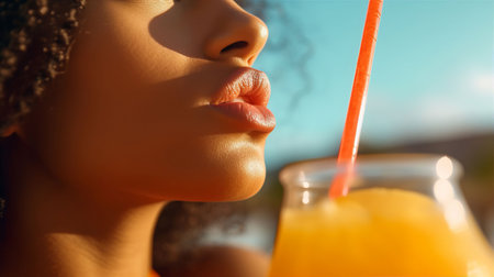 Close up portrait of young african american woman drinking orange juiceの素材
